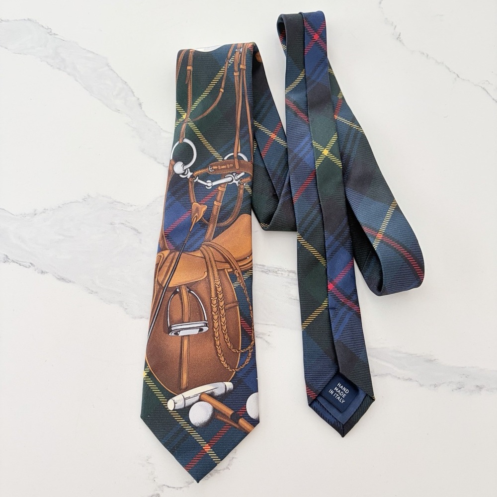 Vintage Polo Ralph Lauren Silk Tie Navy Blue Red Equestrian Handmade USA Y2K NWT